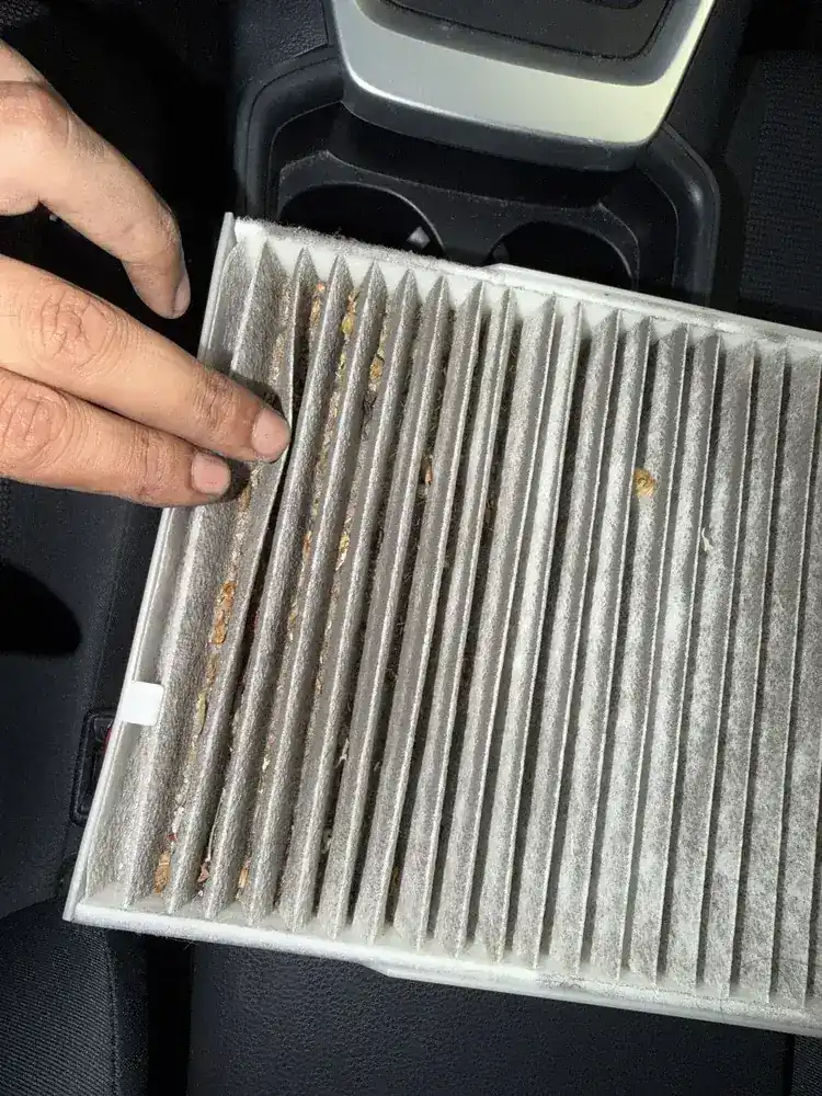 Dirty cabin air filter pulled during inspection at Beacon Auto Care San Mateo